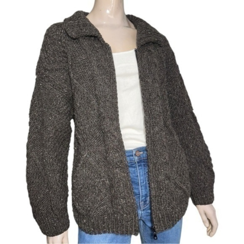 Quichua Creations Ecuador L Gray Wool Knit Zip Up Chunky Cable Sweater Cardigan